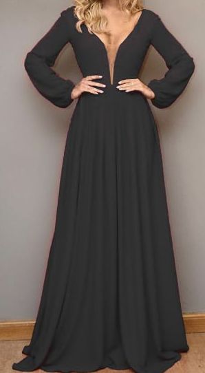 Vestido Madrinha Casamento Formatura Decote V Manga Longa Preto