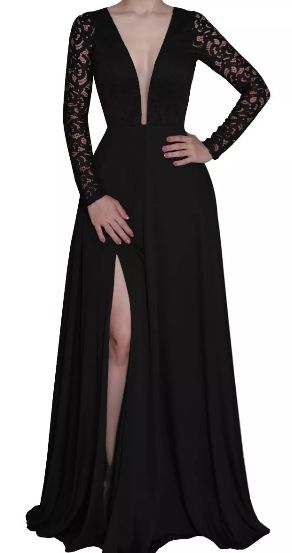 Vestido Longo Festa madrinha casamento Fenda Manga Longa Decote Preto