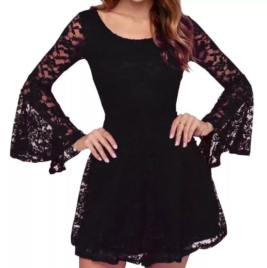 Vestido Curto Festa madrinha casamento Formatura Manga Flare Preto