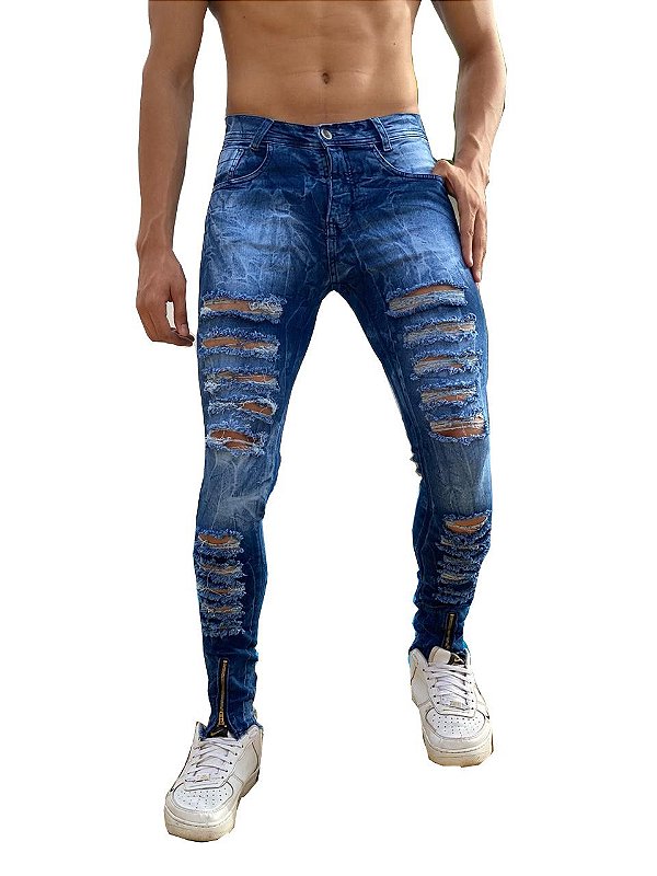 Calça Masculina Jeans Rasgada Skinny Sarja Slim  Zíper Lycra