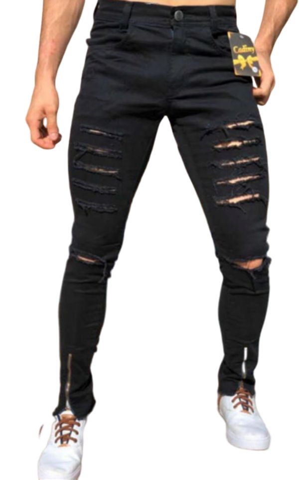Calça masculina Jeans destroyed Rasgada preta Slim skinny  Zíper Lycra