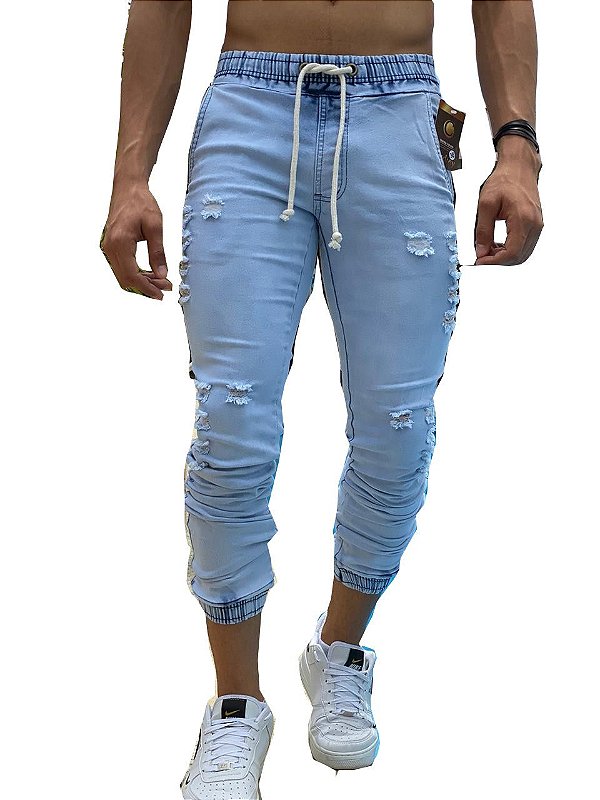 Calça Jeans Masculina Slim Fit Rasgada destroyed Cordão Super Skinny Com Lycra