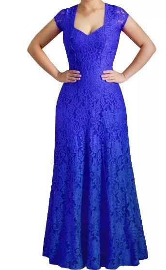 Vestido Longo Festa Madrinha Casamento Renda Guipir Alça larga Azul Royal