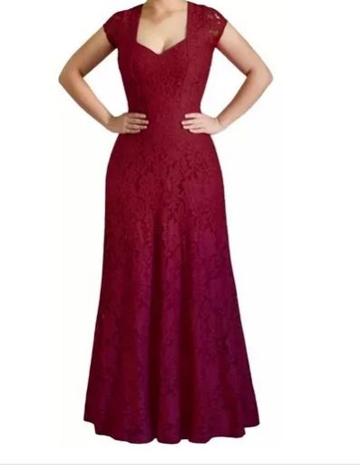 Vestido Longo Festa Madrinha Casamento Renda Guipir Alça larga Marsala