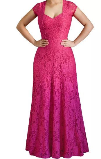 Vestido Longo Festa Madrinha Casamento Renda Guipir Alça larga Pink