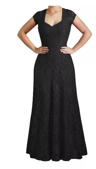 Vestido Longo Festa Madrinha Casamento Renda Guipir Alça larga Preto