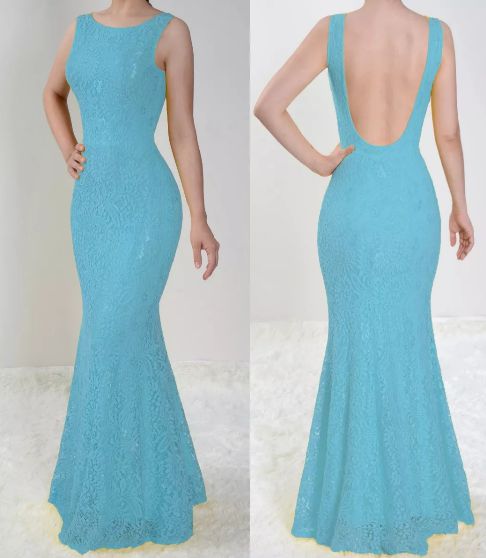 Vestido Azul serenity Longo Festa Sereia Madrinha Casamento Renda Costa nua