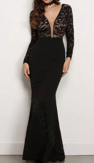 Vestido Manga Longa Sereia festa madrinha casamento Formanda Preto