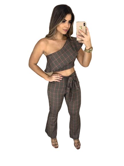 Conjunto Feminino Calça Pantacourt Cropped Top Blusa bojo