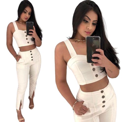 Conjunto Feminino calça com fenda Top  Cropped