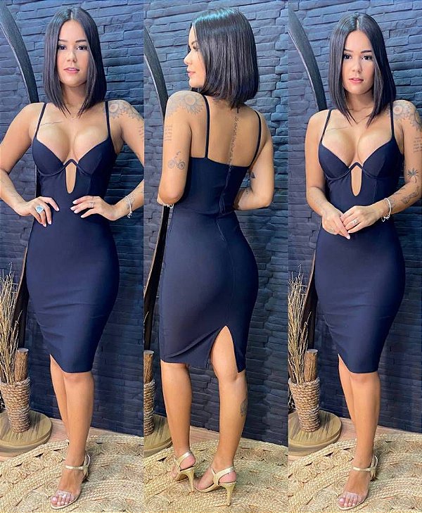 Vestido Tubinho Mídi cinturado justo colado decotado alcinha fina