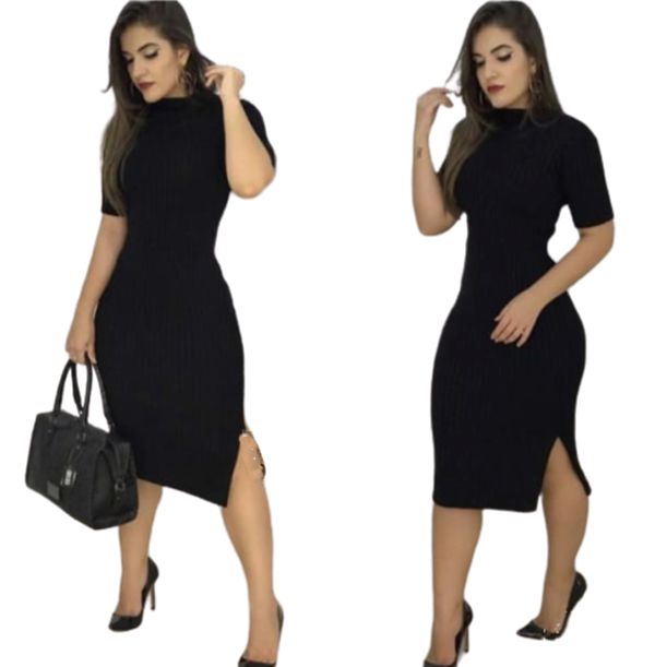 Vestido Midi Casual Canelado Tubinho Acinturado Fenda Evangélico