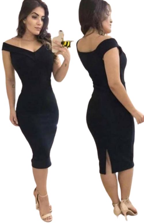 Vestido Midi Justo Canelado Tubinho Ombro A Ombro Fenda
