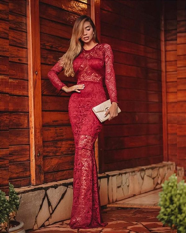 Vestido de festa Longo marsala madrinha casamento  Formatura Sereia Manga Longa