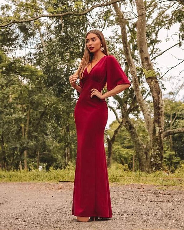 Vestido de festa Longo marsala madrinha casamento  Formatura Sereia Manga Flare