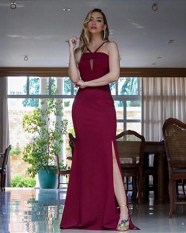 Vestido de Festa Longo Marsala Fenda Tule Madrinha casamento Formanda