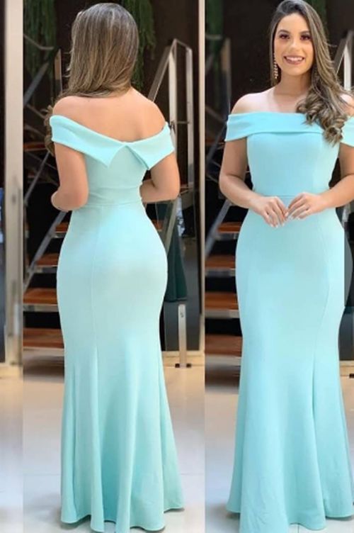 Vestido Azul serenity  Longo de Festa Madrinha casamento ombro a ombro