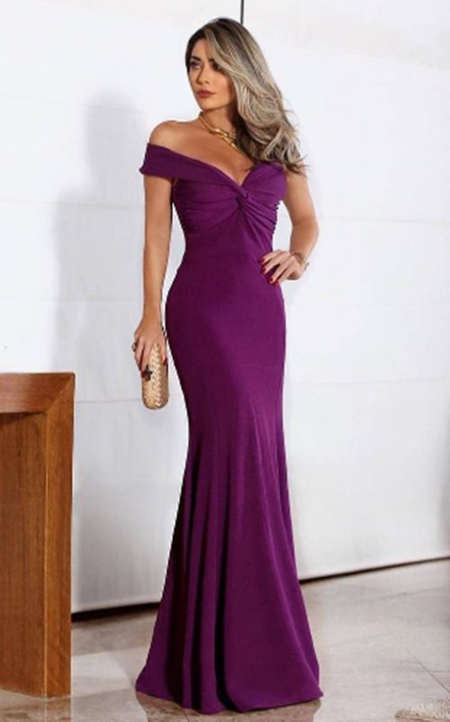 Vestido Roxo Longo de Festa Madrinha casamento Formatura Ombro a Ombro