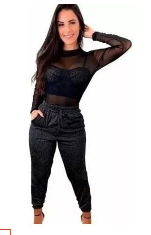 conjunto Preto Calça Body  Tule Manga Longa Blogueira lançamento