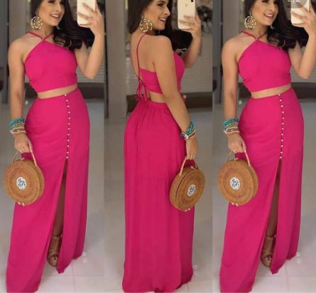 conjunto feminino saia Fenda e Cropped Com Bojo Pink