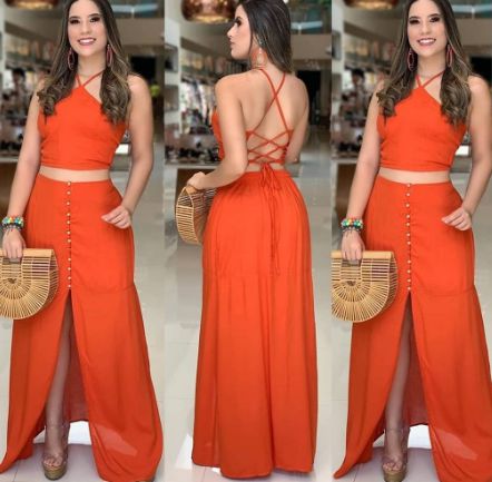 conjunto feminino saia Fenda e Cropped Com Bojo Laranja