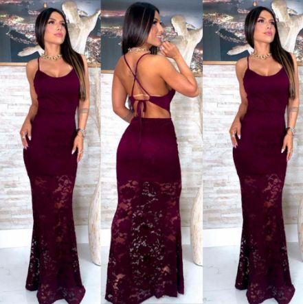 Vestido longo sereia renda Festa Marsala
