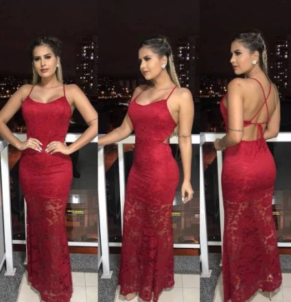 Vestido longo sereia renda Festa vermelho