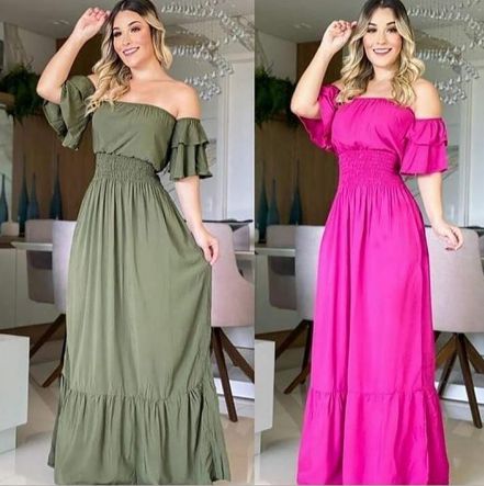 Vestido Longo Casual Festa Manga canoa verde Militar