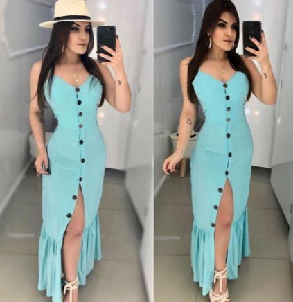 Vestido Longo Casual Festa Babado Com Botões Azul Serenity