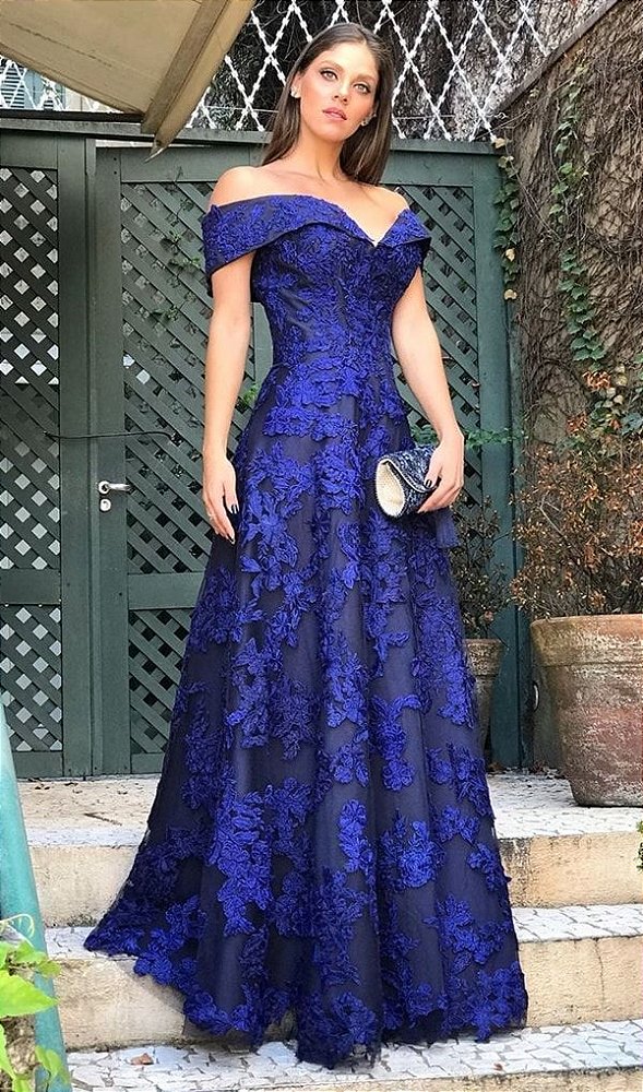 Vestido Longo Azul Royal Tule Bordado Festa Madrinha Casamento Formatura