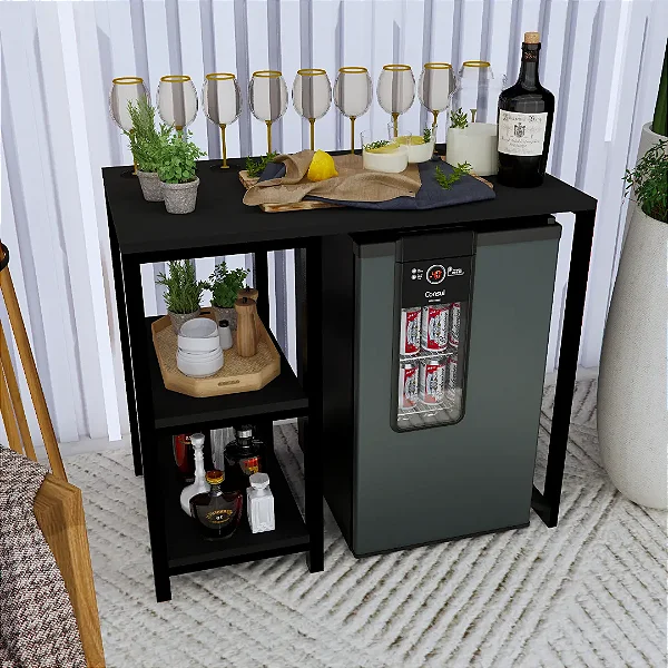Móvel Bar Estilo Industrial Para Frigobar Adega Cervejeira Tampo Preto/ Metal Preto