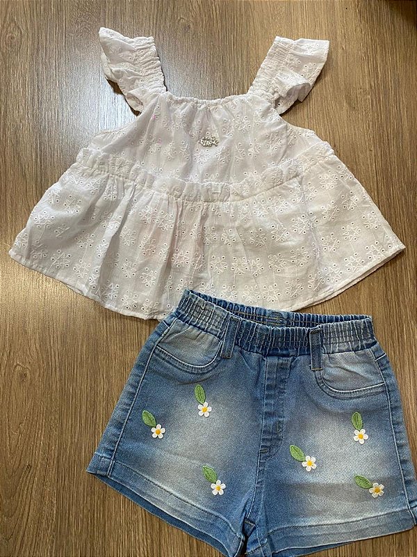 CONJUNTO BLUSINHA E SHORTS JEANS GABRIELA AQUARELA