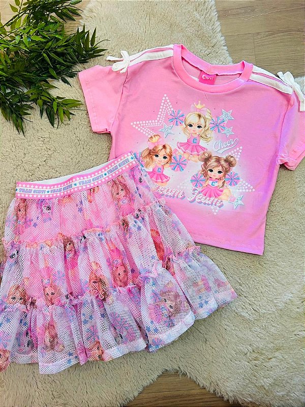 CONJUNTO CAMISETA E SAIA COM SHORT MUNDO CINTI - TAM 2 AO 10