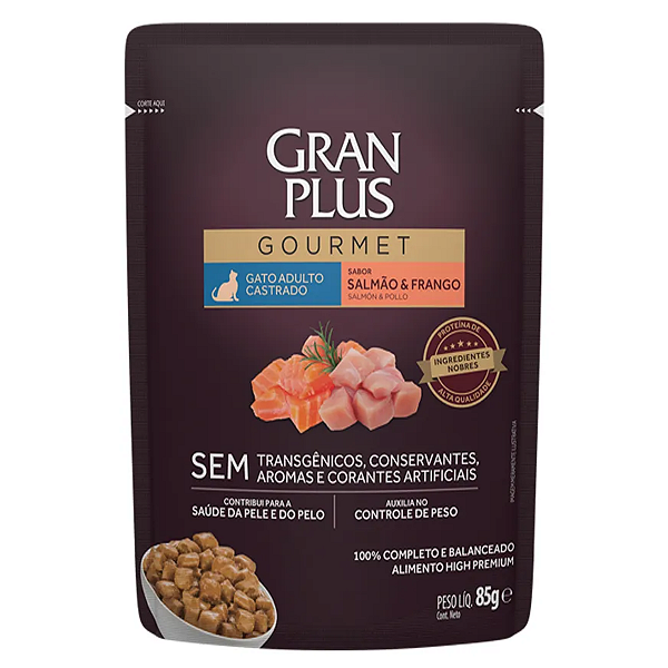 Ração Úmida GranPlus Gourmet Gatos Castrados Salmão e Frango 85g