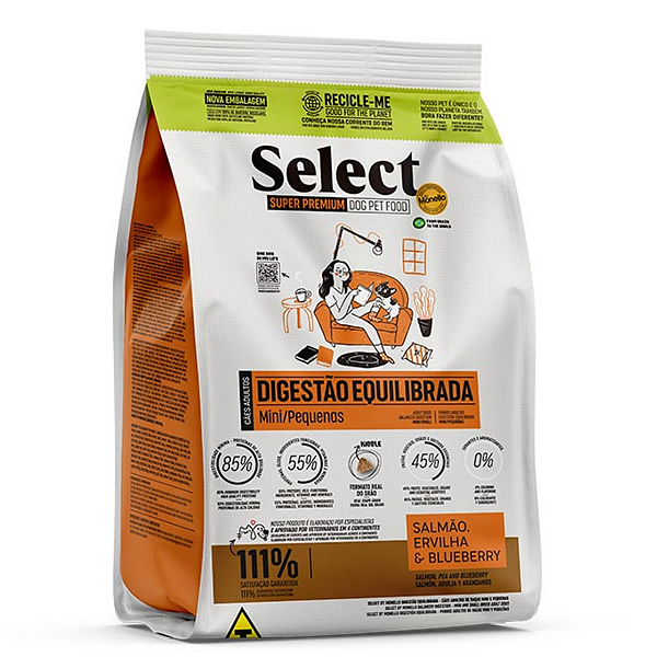 Ração Select by Monello Digestão Equilibrada para Cães Adultos de Porte Mini e Pequeno Sabor Salmão, Ervilha e Blueberry 10,1kg
