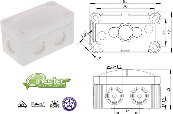 CAIXA JUNCAO COMB 206 WH - 85X49X51mm, PP, BRANCO COM BORNE