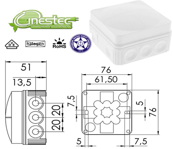 CAIXA JUNCAO COMBI 108/5 WH - 76X76X51mm  COM FIXACAO PP, BRANCO COM BORNE
