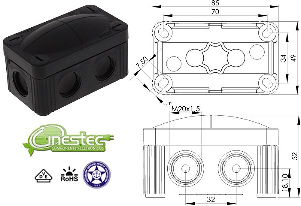 CAIXA JUNCAO, COMBI 206 - 85X49X51mm, PP, PRETO