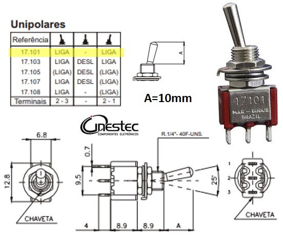 CHAVE ALAVANCA MG 3T 2P  UNIPOLAR  3A  120V  OU 1A / 250V  17101