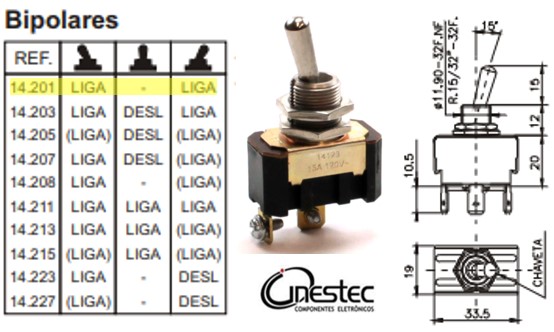 CHAVE ALAVANCA MG BIPOLAR 6T 15A 120V 14201