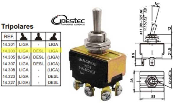 CHAVE ALAVANCA MG METALICA TRIPOLAR 15A 120V 10A