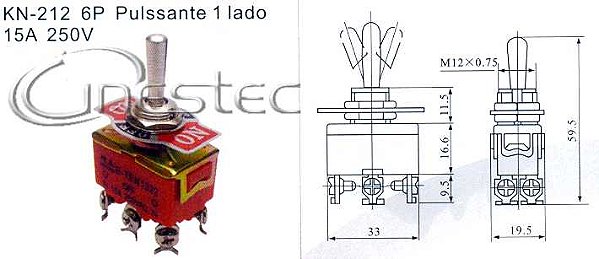 CHAVE ALAVANCA PULSANTE 2P 6T 15A KN-212 R213