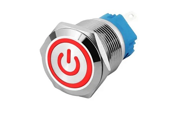 CHAVE BOTAO ANTIVANDALISMO 16mm LED COM TRAVA - NA - 12V - INOX  VERMELHO