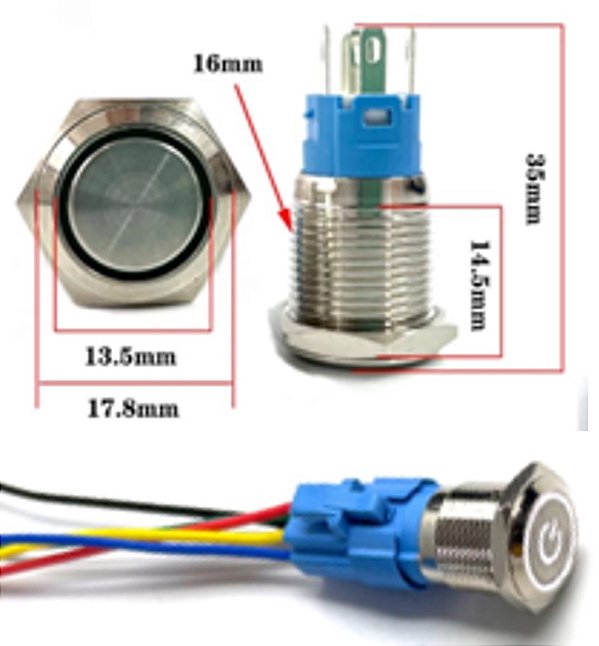 CHAVE BOTAO ANTIVANDALISMO 16mm PULSO 12V BRANCO COM CABO CONECTOR