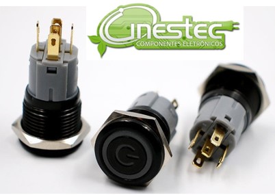 CHAVE BOTAO ANTIVANDALISMO PRETO 16MM LED COM TRAVA 24V