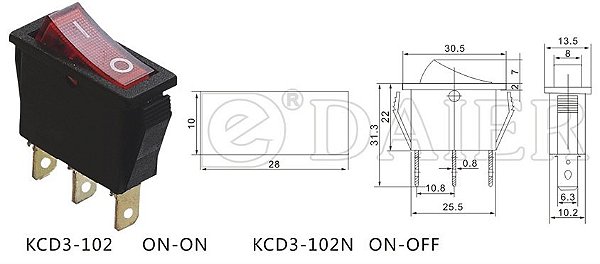 CHAVE GANGORRA 2P 3T 15A  250V KCD3 102N  VERMELHO COM NEON