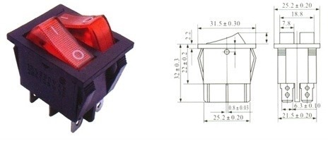 CHAVE GANGORRA DUPLA COM NEON 6T 2P 15A x 250V KCD3-202N VERMELHO