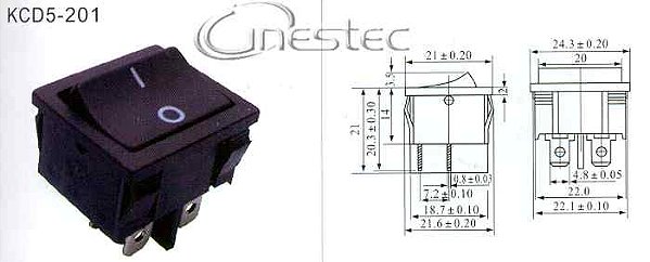 CHAVE GANGORRA GRANDE 2P 6T  6A  250V  KCD5201  PRETO