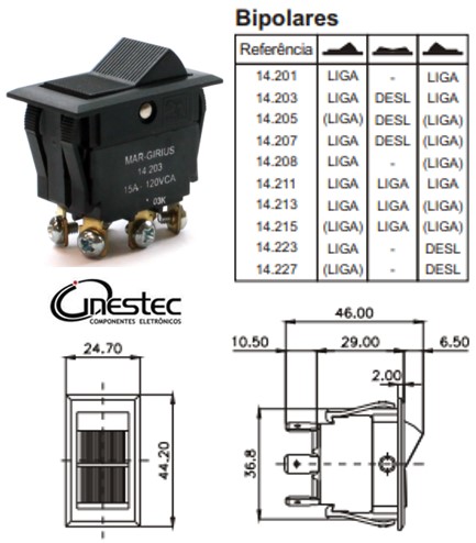 CHAVE GANGORRA INTERRUPTOR DE TECLA BIPOLAR 6T 15A 14203 MFT1FPQ  P