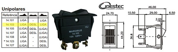 CHAVE GANGORRA INTERRUPTOR DE TECLA MG UNIPOLAR 3T 15A 120V  10A 250V